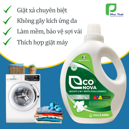 Nước giặt xả thảo mộc đa năng đánh bật mọi vết bẩn dành cho mọi loại da & trẻ nhỏ, Giữ màu sợi vải Econova - Bucato 2 in 1 White Ipoallegenico 3.65 kg (Ý)